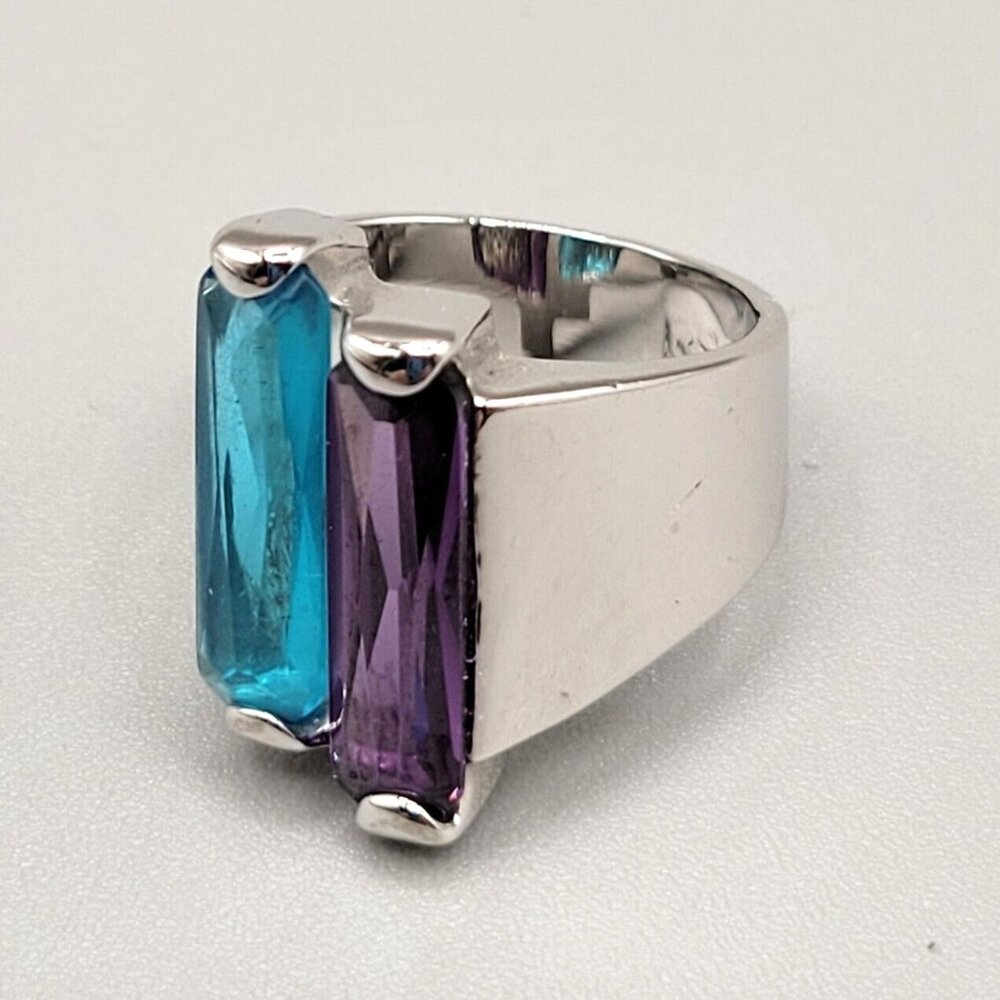 RS Covenant Ring Blue Purple Gemstones Rhodium Plated Wide Band Size 6.5